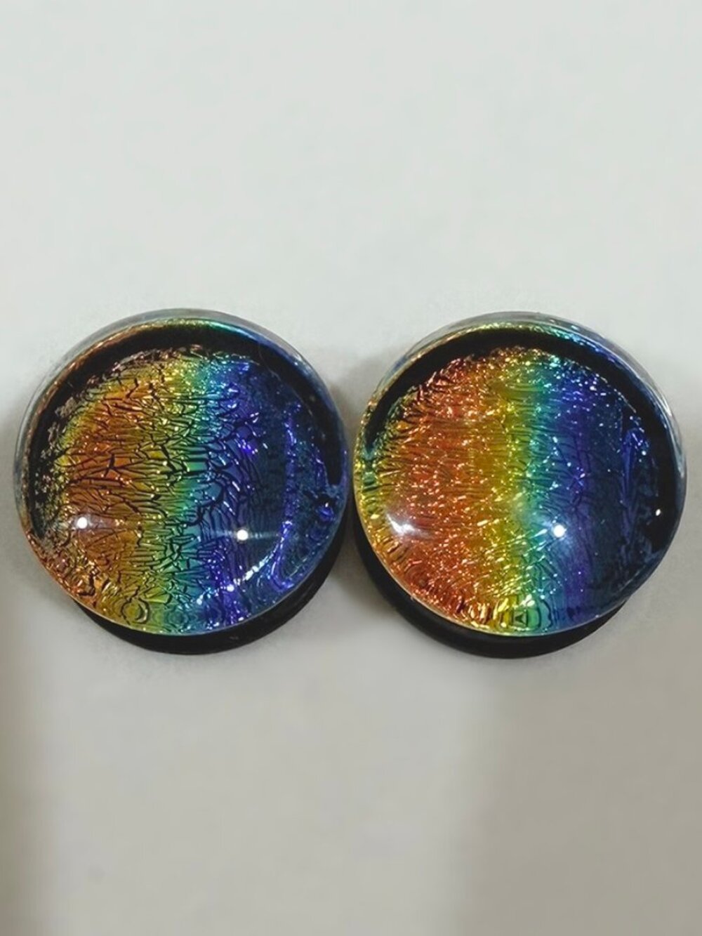 3/4" 19mm Rainbow Dichro Glass Plugs by Glasswear Studios (Double Flare)